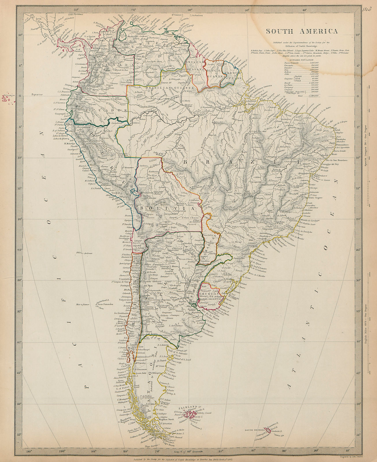 SOUTH AMERICA Brazil Chile Peru Patagonia La Plata Bolivia Litoral SDUK 1844 map