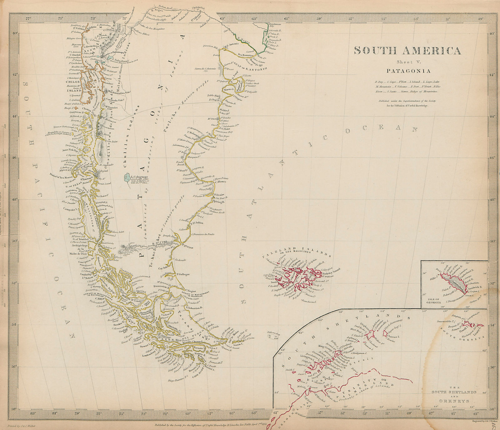 PATAGONIA Argentina Chile Tierra del Fuego Falklands South Georgia SDUK 1844 map
