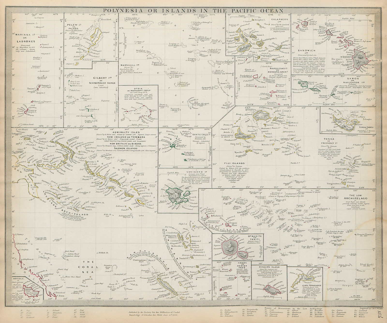 PACIFIC ISLANDS Polynesia Tahiti Hawaii Samoa Fiji Tonga Cook SDUK 1844 map