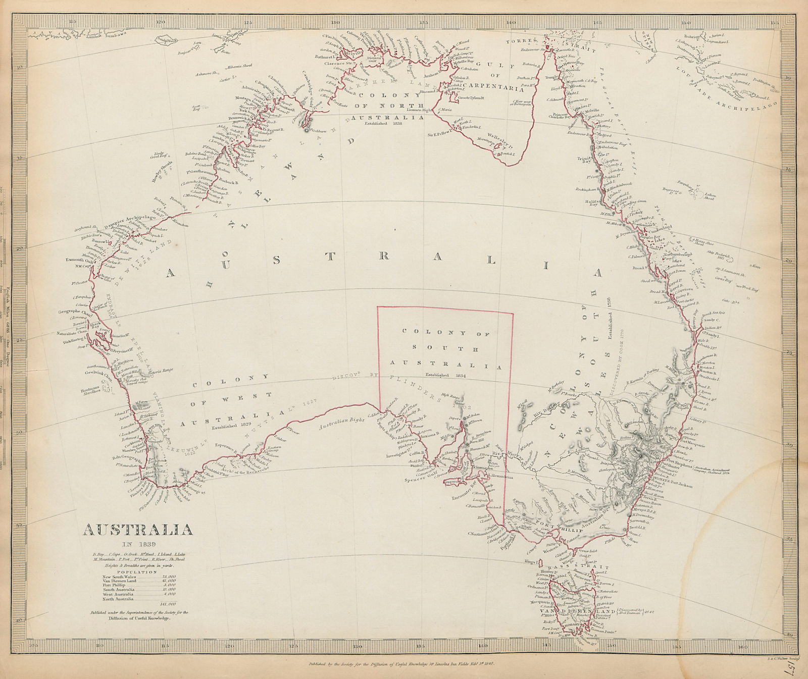 AUSTRALIA IN 1839. Dates of discovery & establishment of colonies SDUK 1844 map