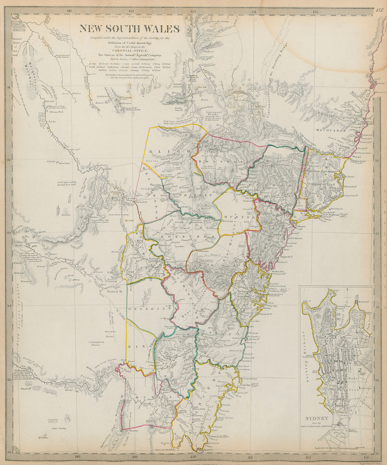 NEW SOUTH WALES & Sydney town city plan. Cunningham routes. SDUK 1844 old map