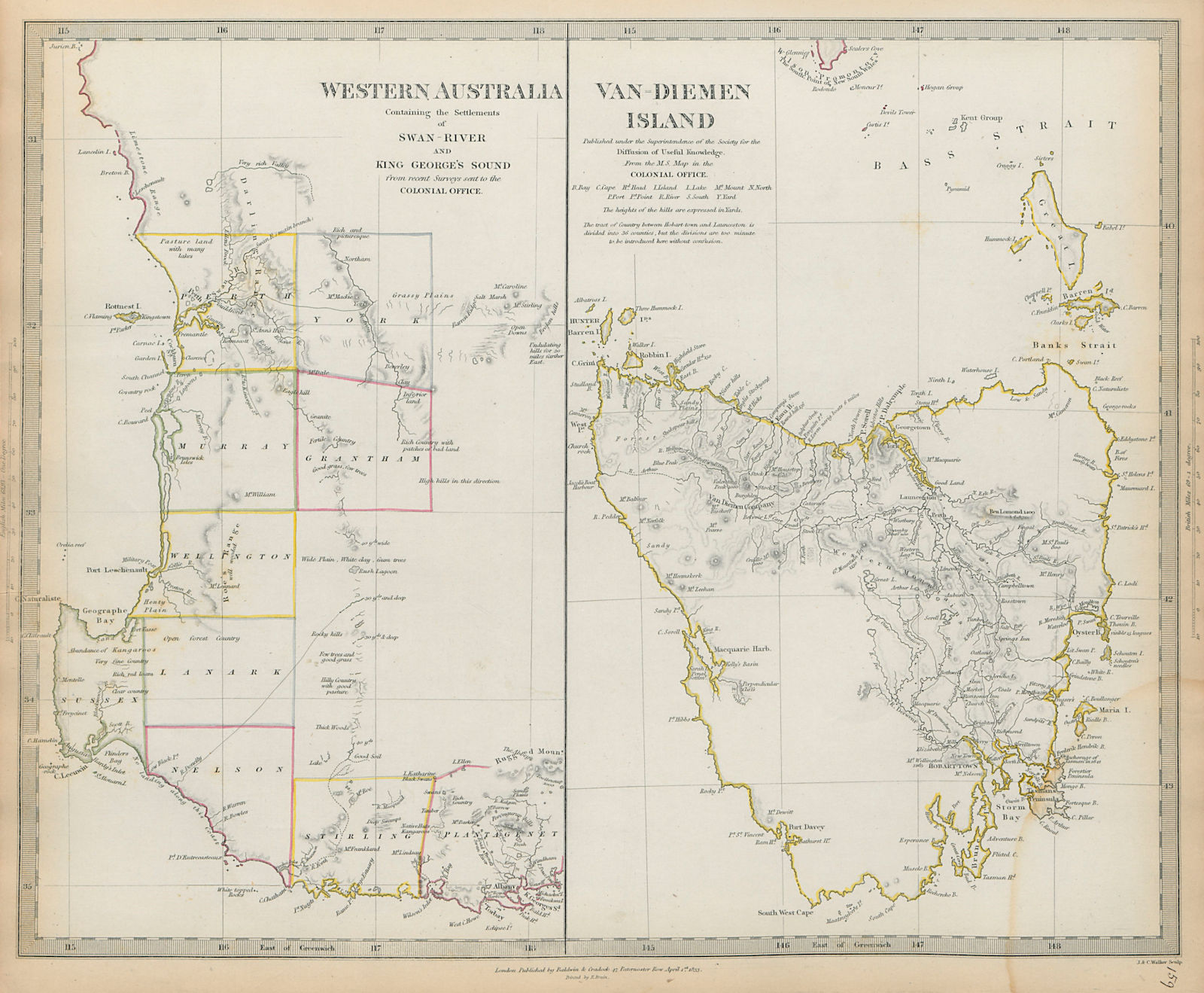 Associate Product WESTERN AUSTRALIA & Van Diemen's Land (Tasmania). SDUK 1844 old antique map