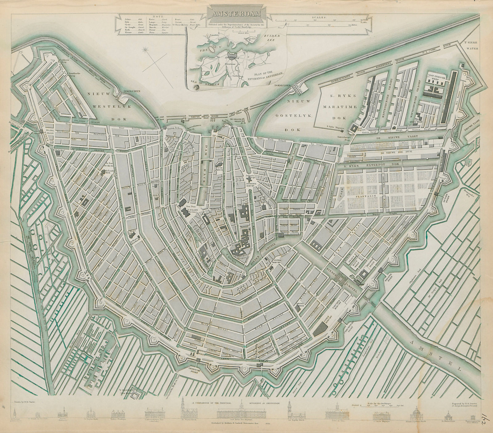 AMSTERDAM city town map plan Inset the environs of Amsterdam SDUK 1844 old