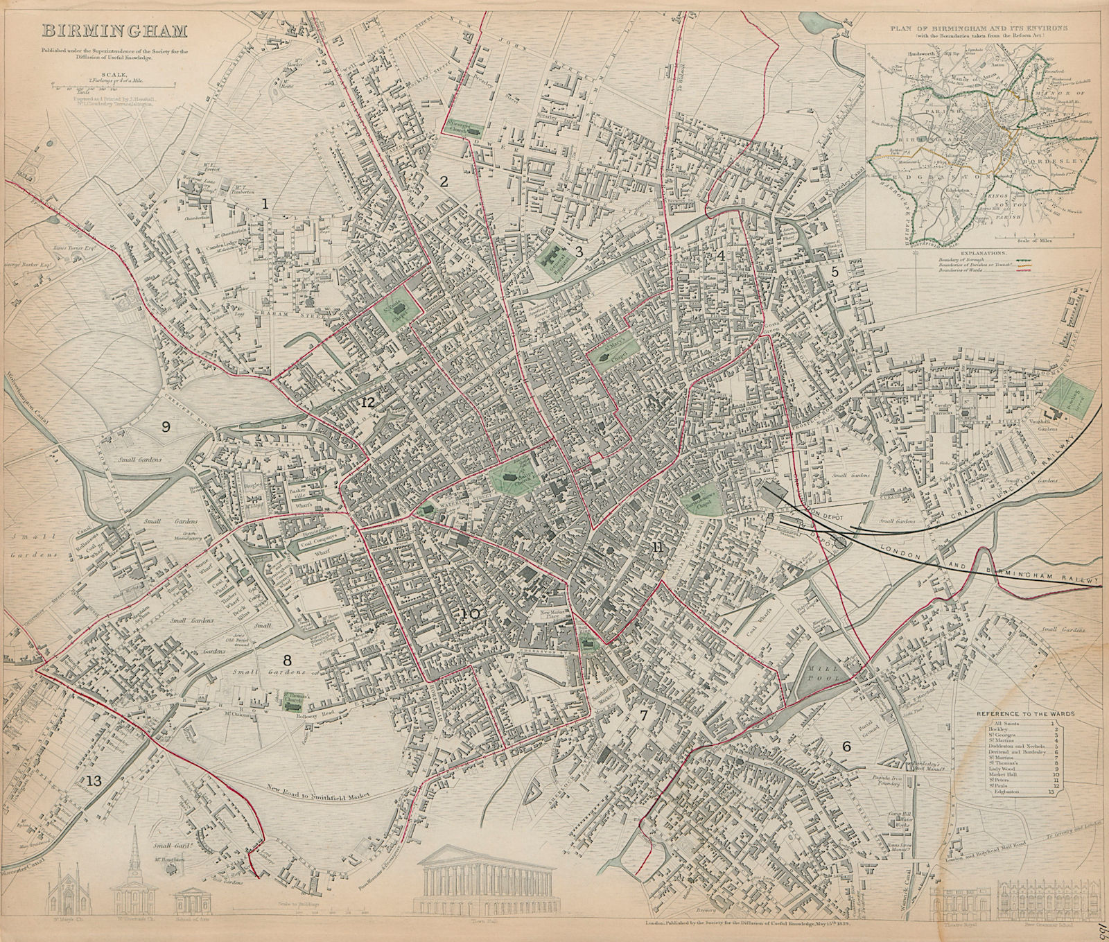 BIRMINGHAM Antique city town map plan Inset environs of Birmingham SDUK 1844