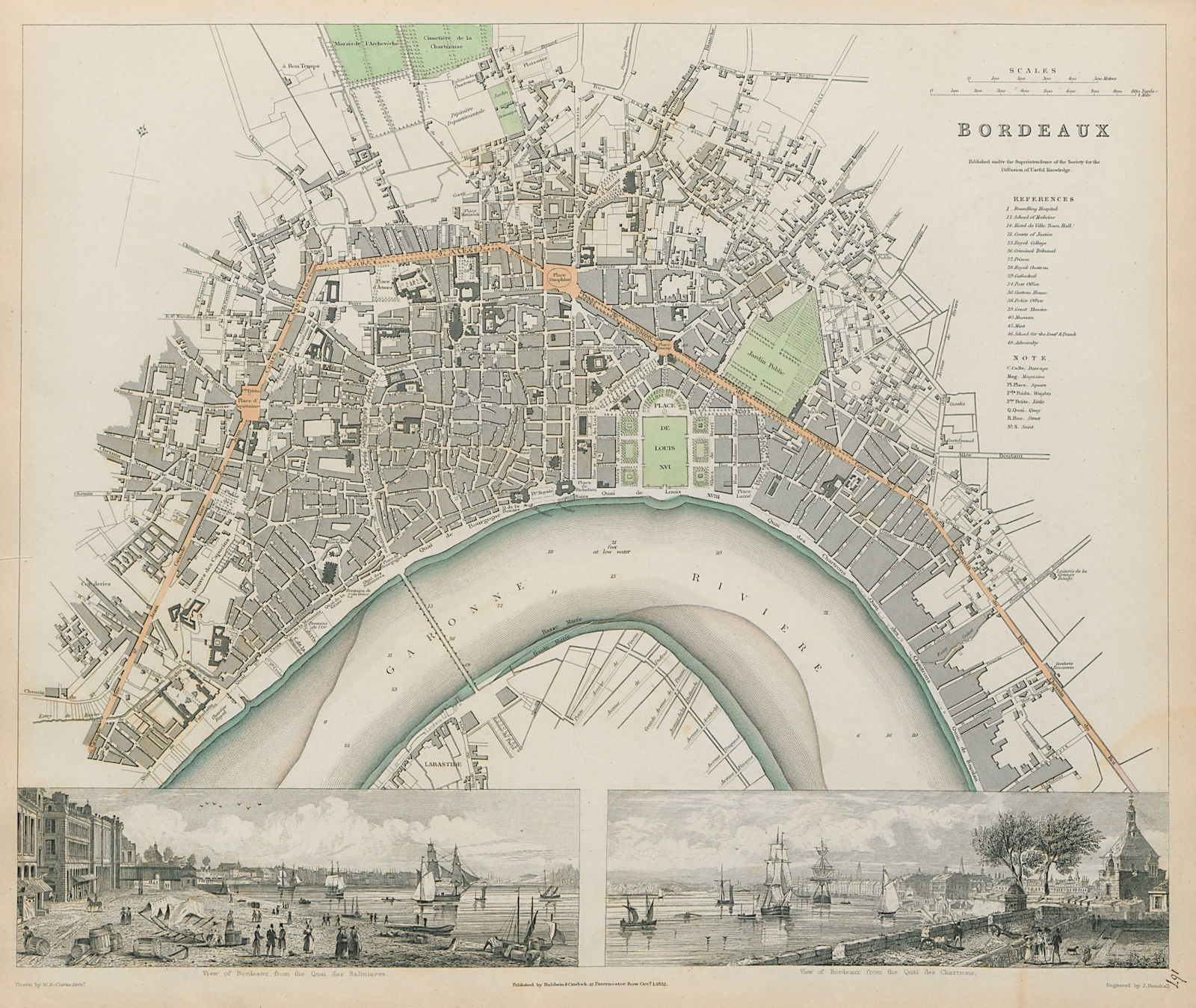 BORDEAUX Antique city town map plan. Quai Salinieres Chartrons SDUK 1844