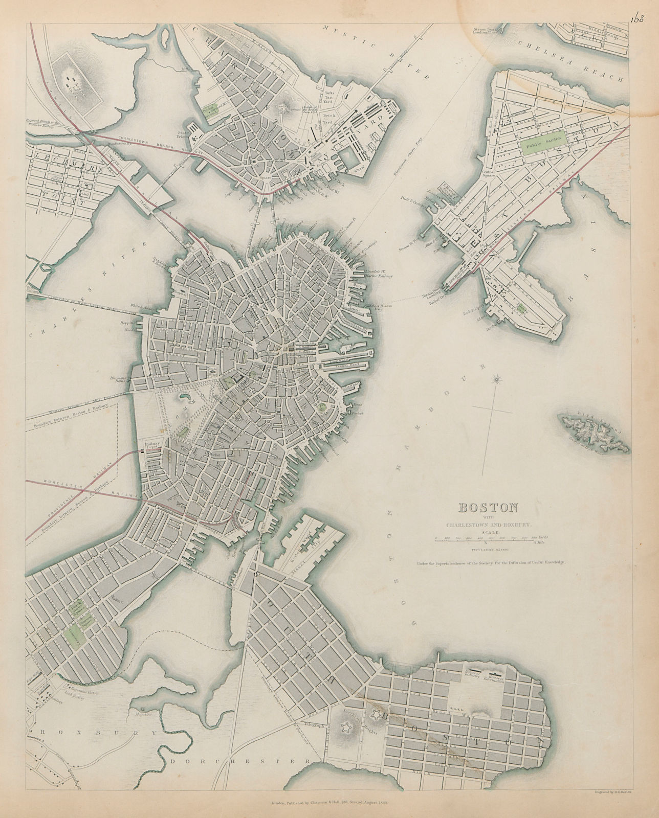 Associate Product BOSTON WITH CHARLESTOWN AND ROXBURY Antique city town map plan SDUK 1844