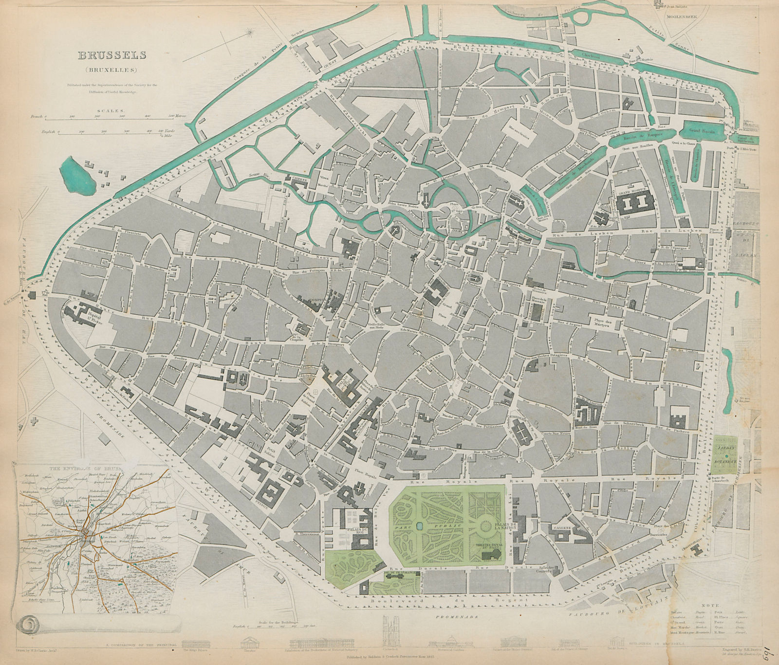 BRUSSELS BRUXELLES BRUSSEL Antique city town map plan & environs SDUK 1844