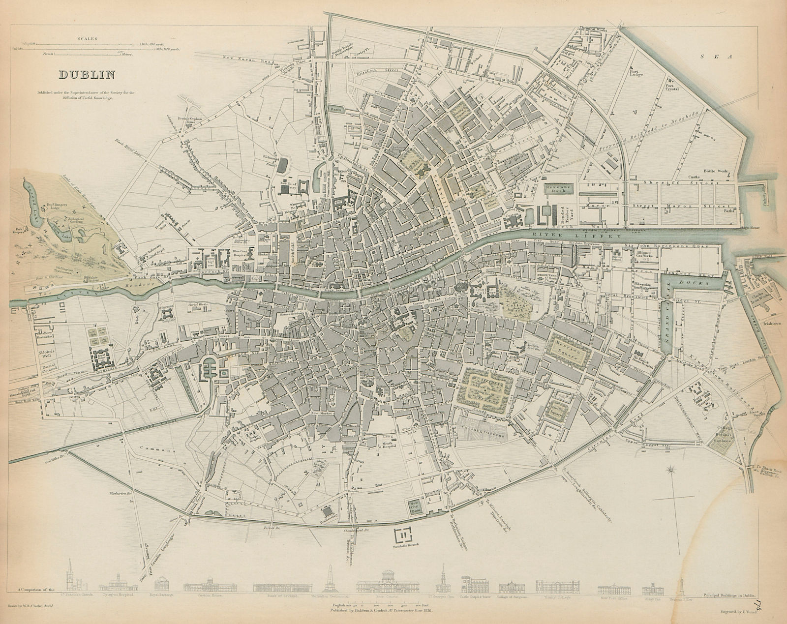 DUBLIN Antique city town map plan Key buildings profiles SDUK 1844 old