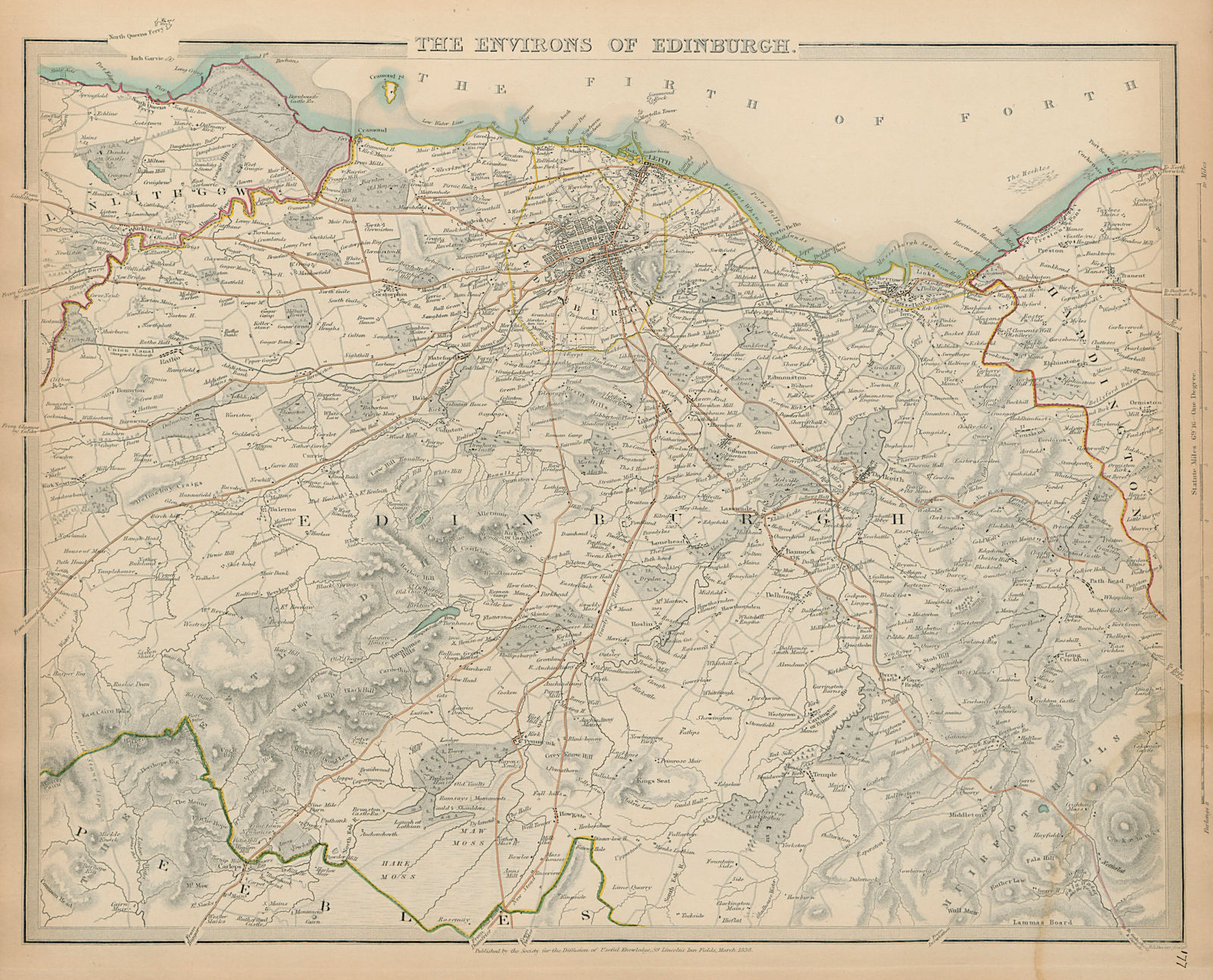 EDINBURGH & ENVIRONS Leith Peebles Linlithgow Haddington SDUK 1844 old map