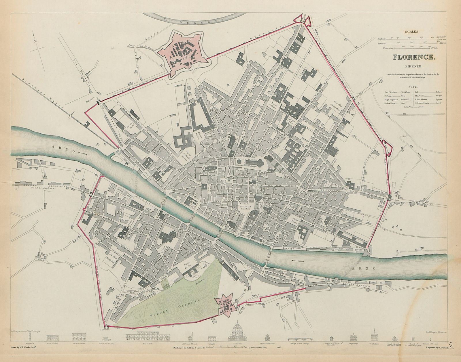 FLORENCE FIRENZE Antique city town map plan Key buildings profiles SDUK 1844