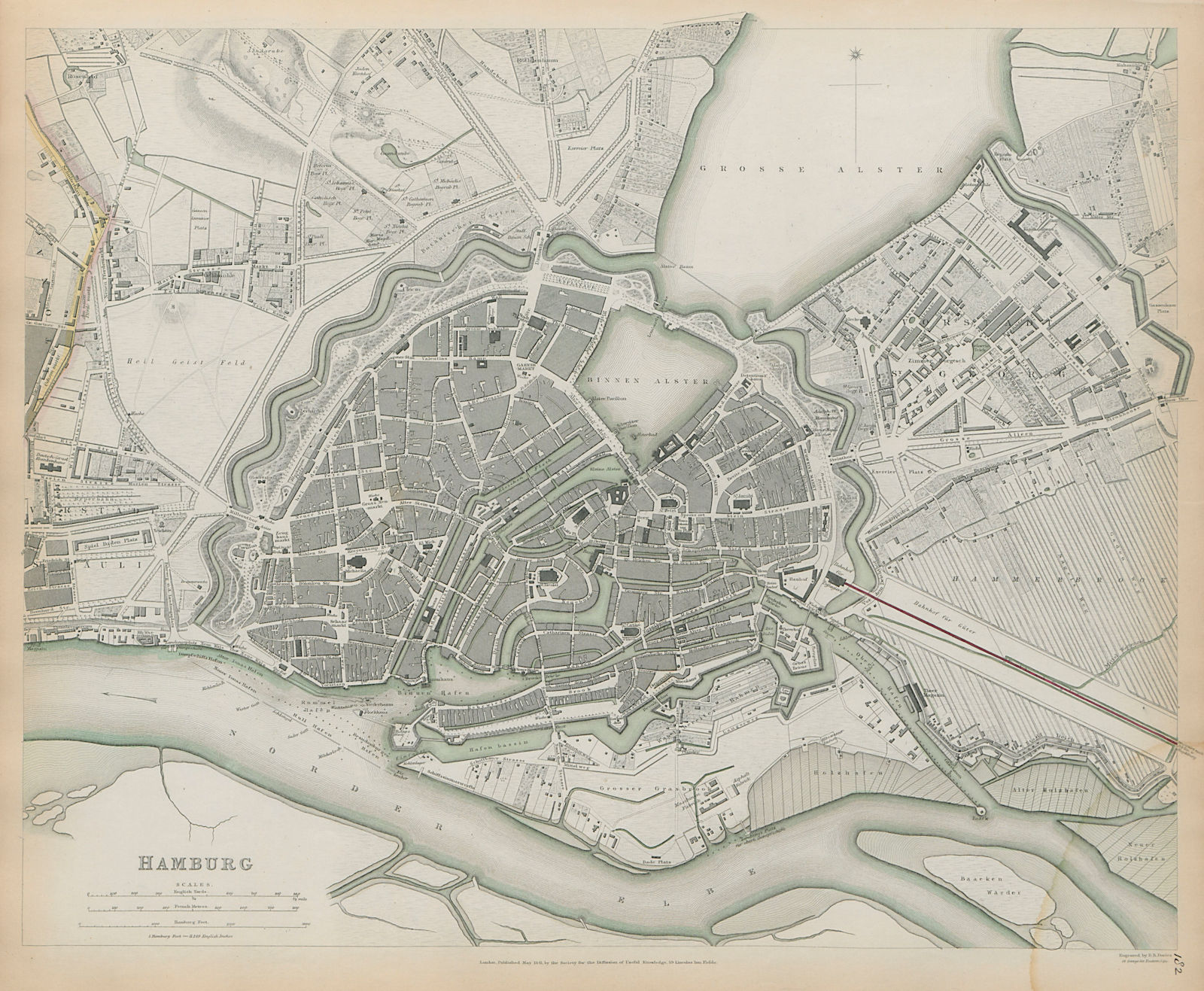 Associate Product HAMBURG Antique city town map plan SDUK 1844 old chart