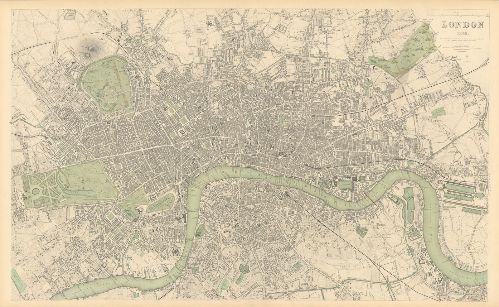 LONDON in 1843 antique city town map plan LARGE 65x40 cm SDUK 1844 old