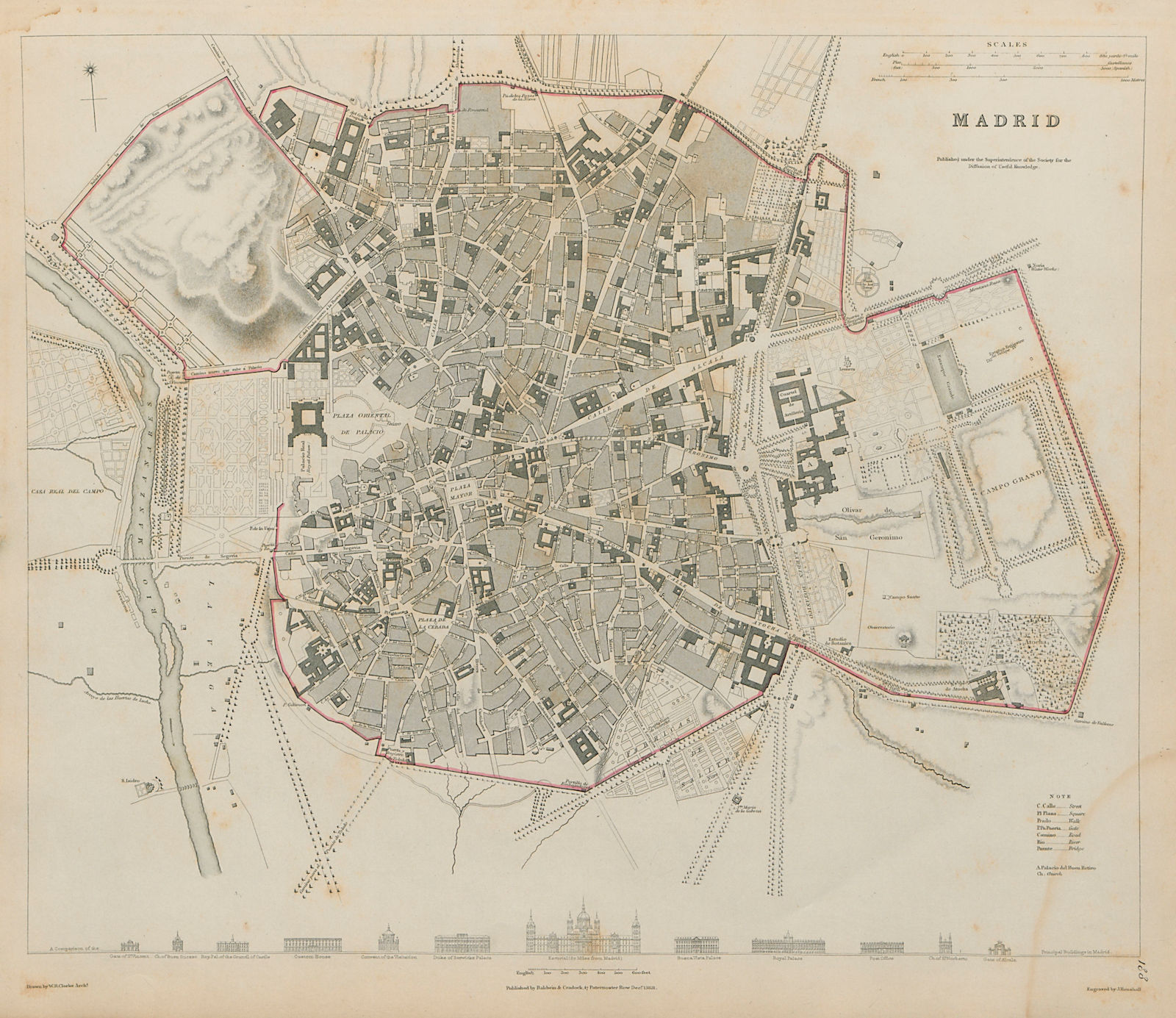 MADRID Antique city town map plan Original outline colour SDUK 1844 old