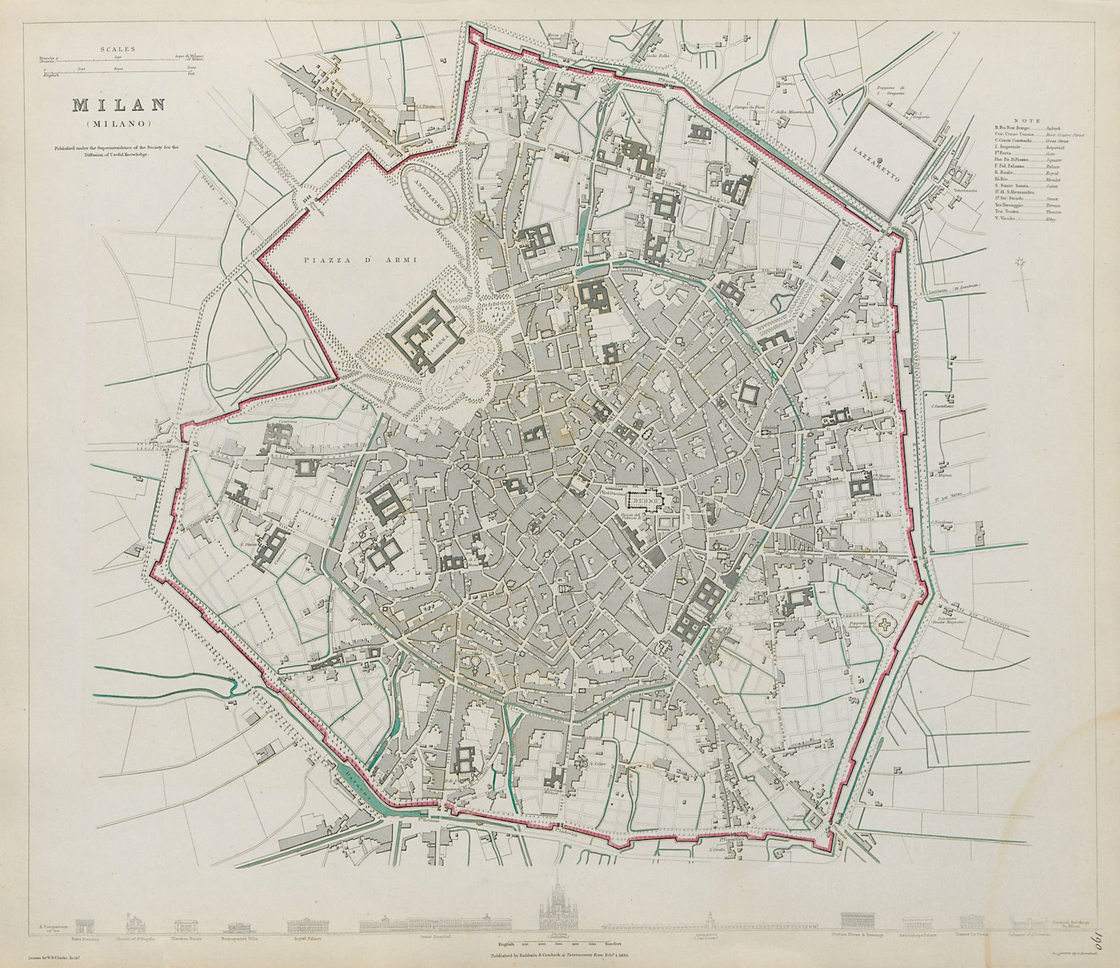 MILAN MILANO Antique city town map plan Main buildings profiles SDUK 1844