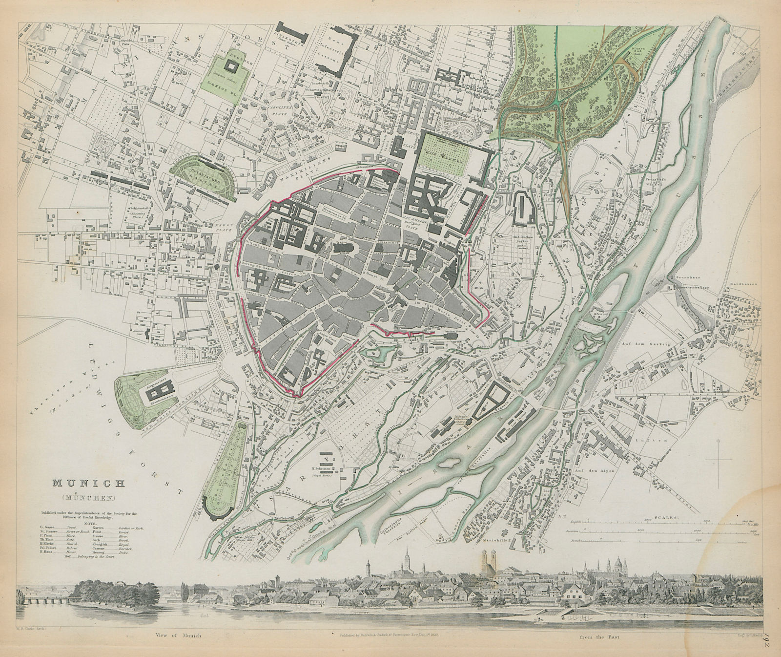 Associate Product MUNICH MÜNCHEN MUNCHEN Antique city town map plan & panorama SDUK 1844 old