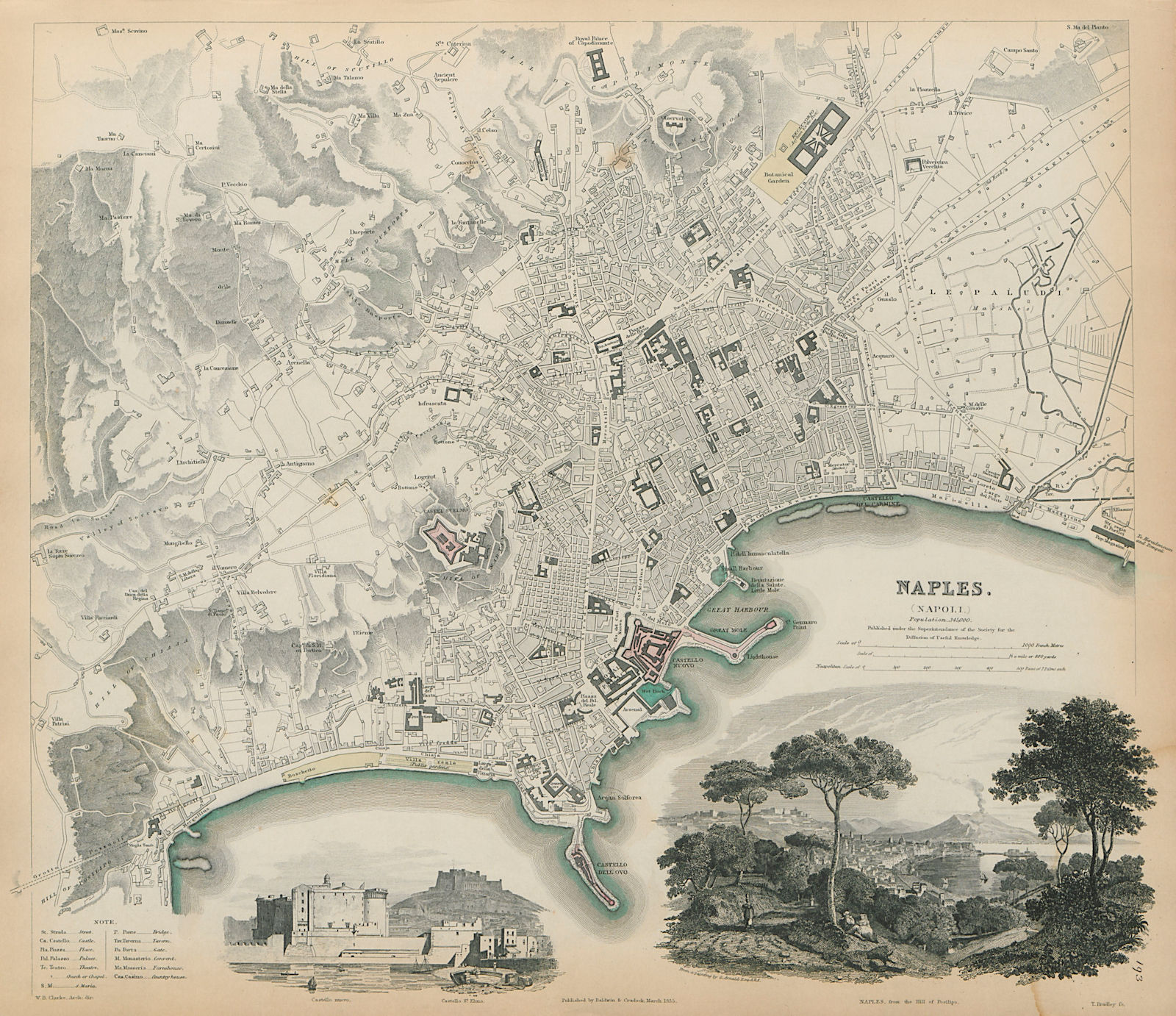 NAPLES NAPOLI Antique city town map plan & view Castello St Elmo SDUK 1844