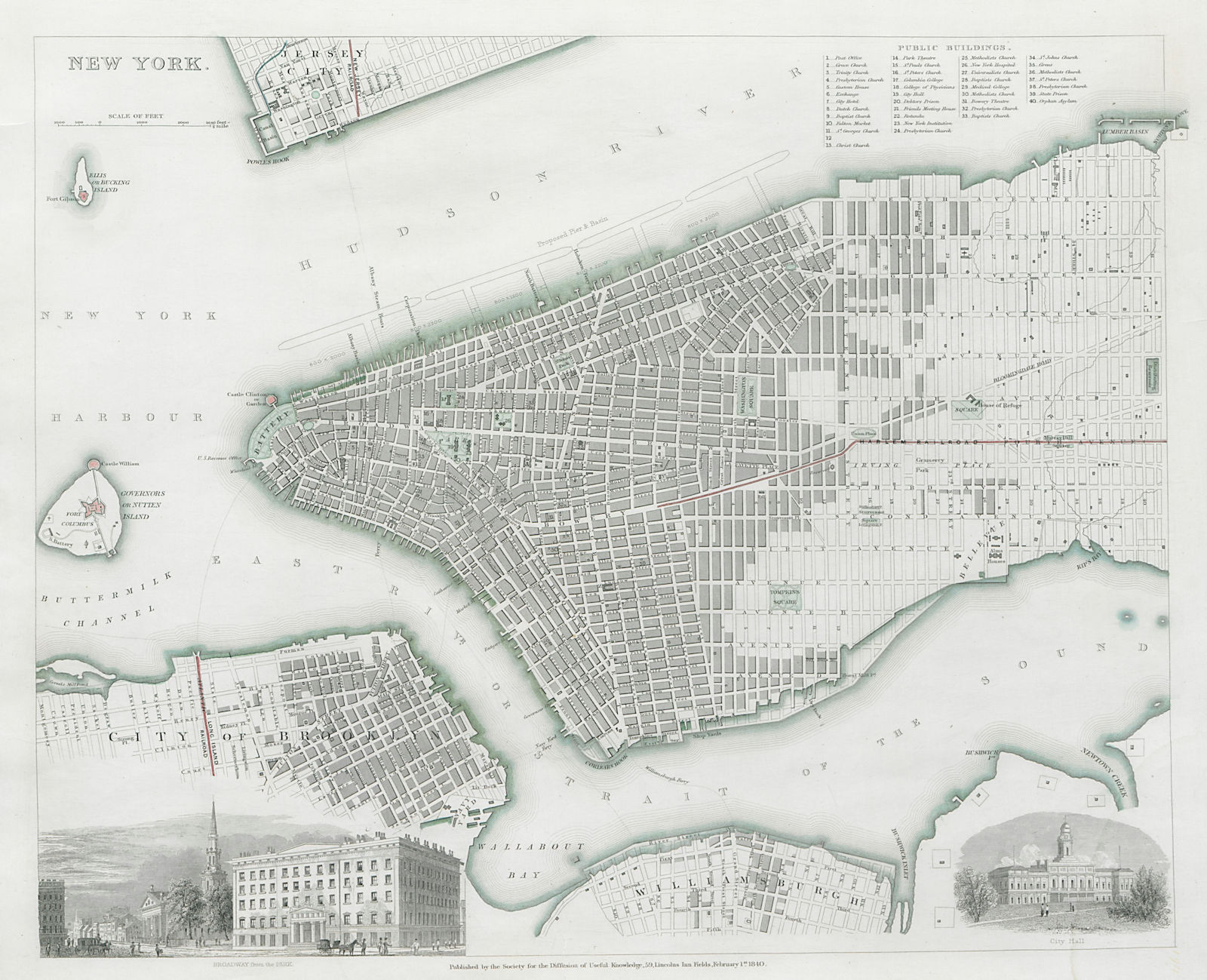 NEW YORK CITY Antique city town map plan Manhattan Brooklyn Jersey SDUK 1844