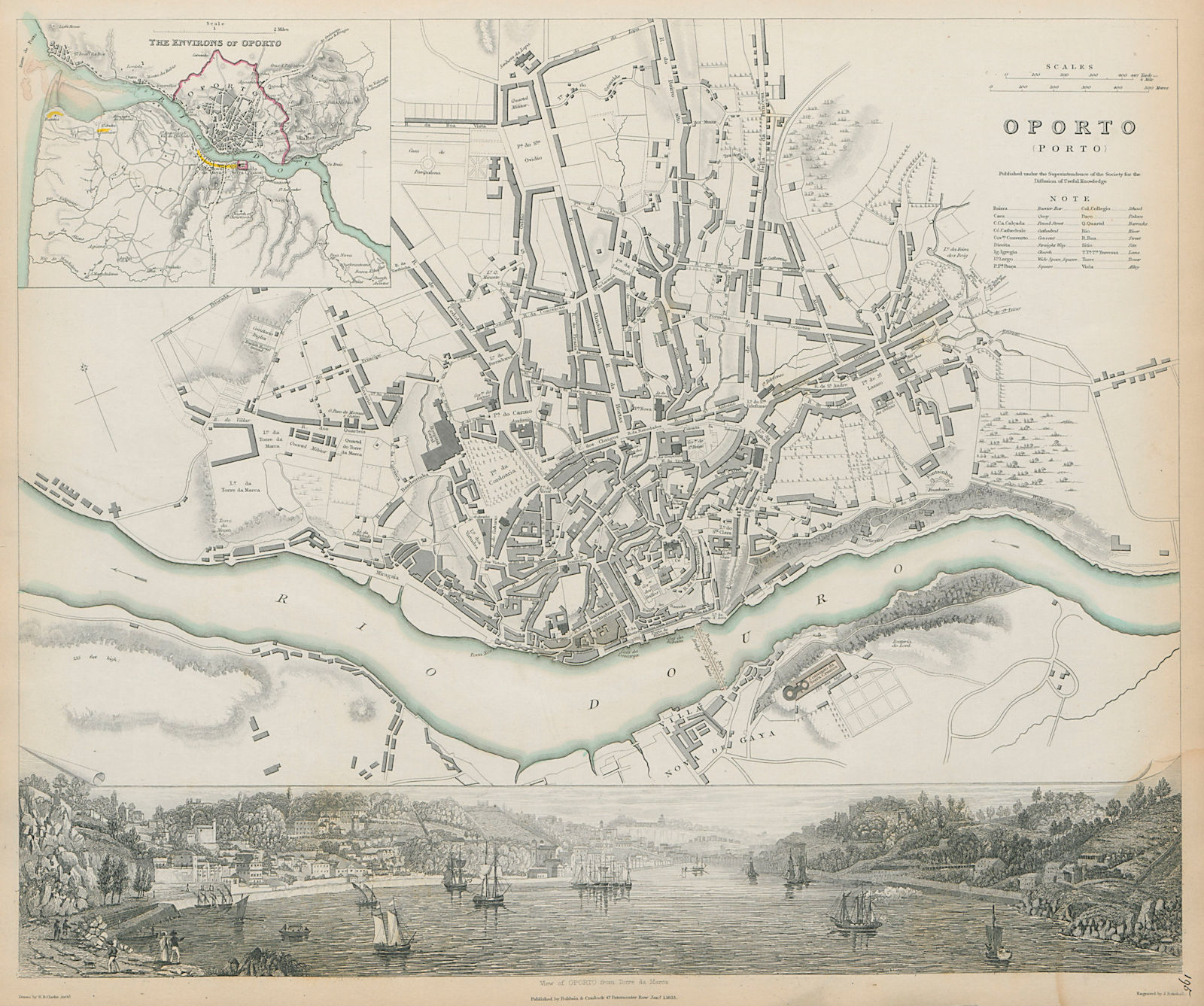 OPORTO PORTO Antique city town map plan & panorama Inset environs SDUK 1844