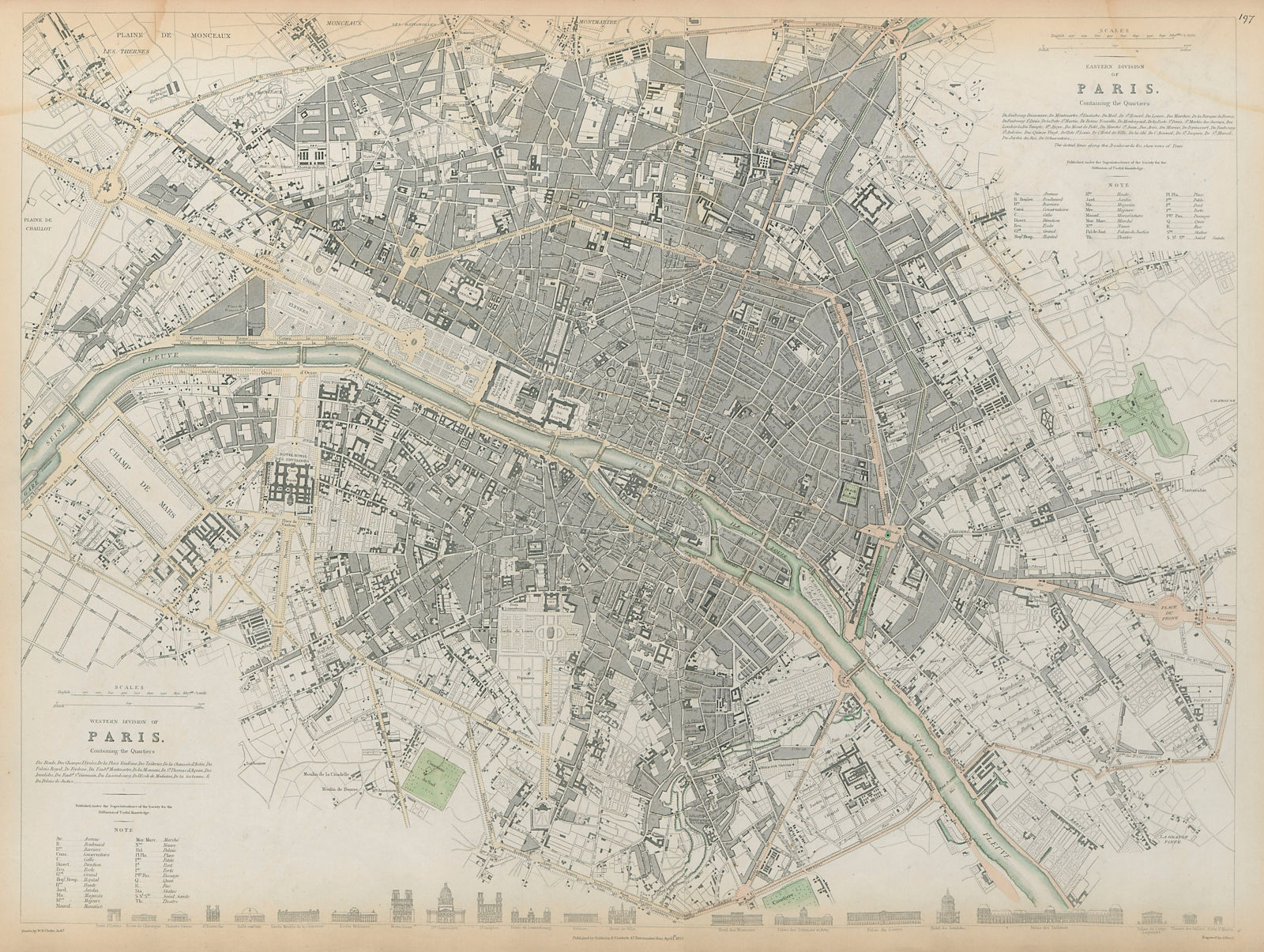 PARIS Antique city town map plan LARGE 55x40cm 2 sheets conjoined. SDUK 1844