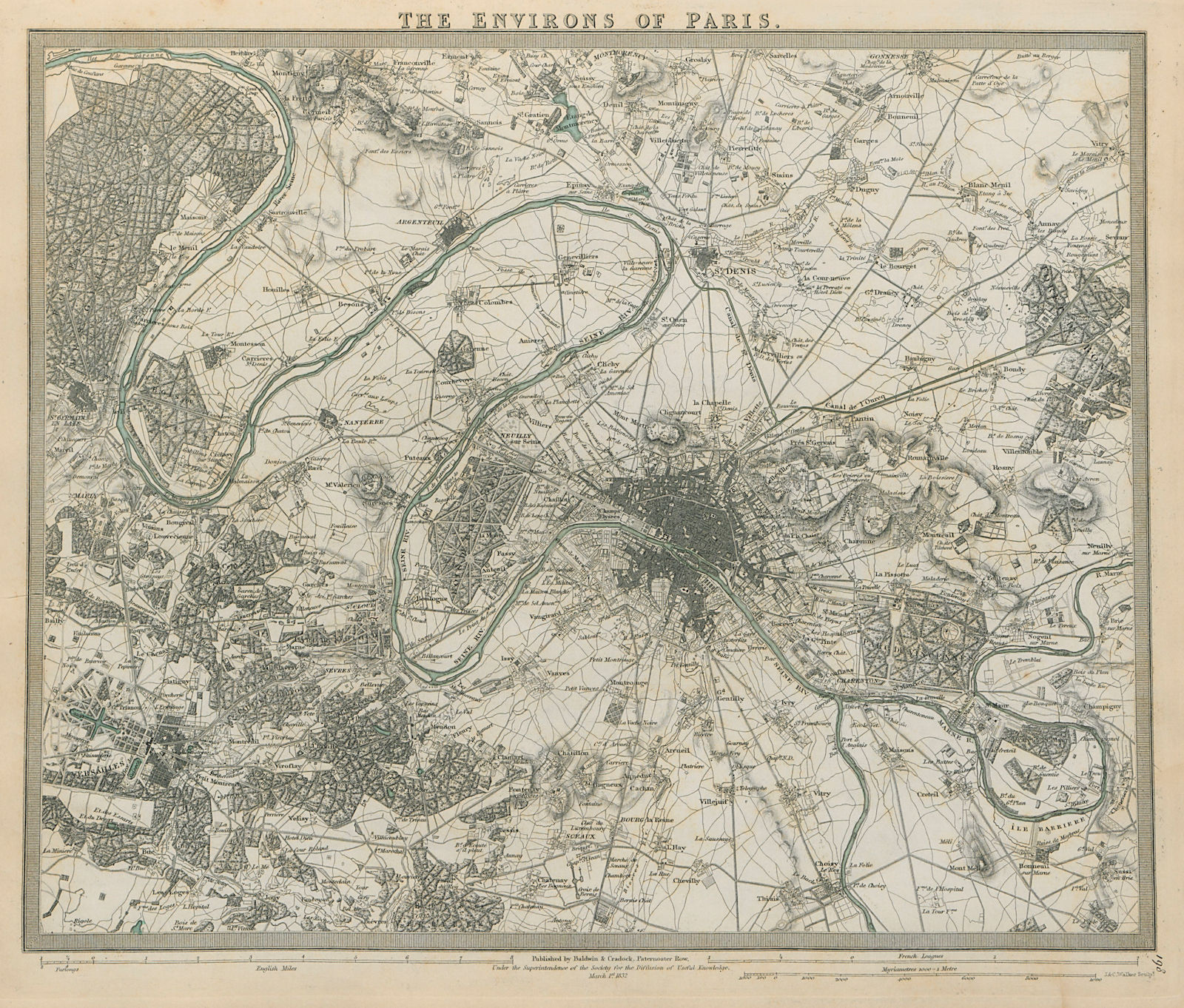 PARIS ENVIRONS Versailles Vincennes St Germain-en-Laye SDUK 1844 old map