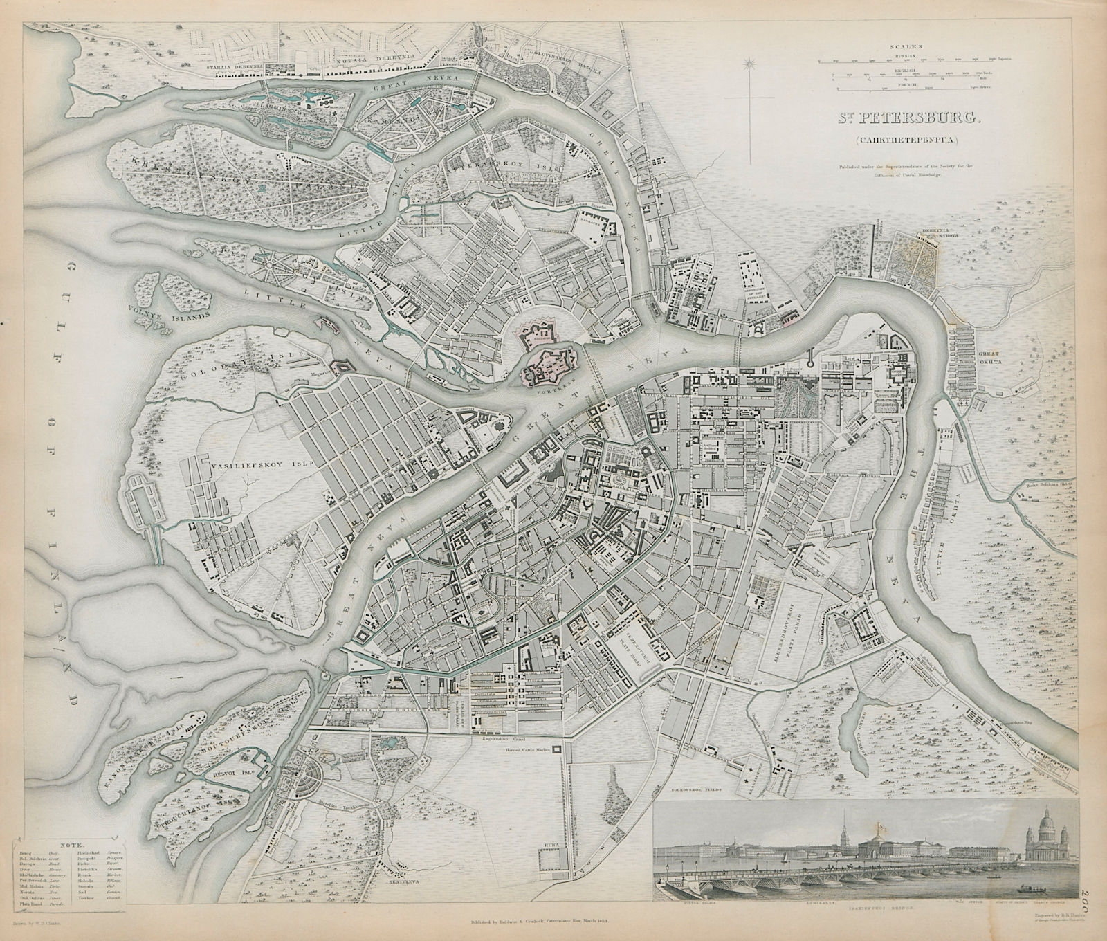 ST PETERSBURG Санкт-Петербург Antique city town map plan Panorama SDUK 1844