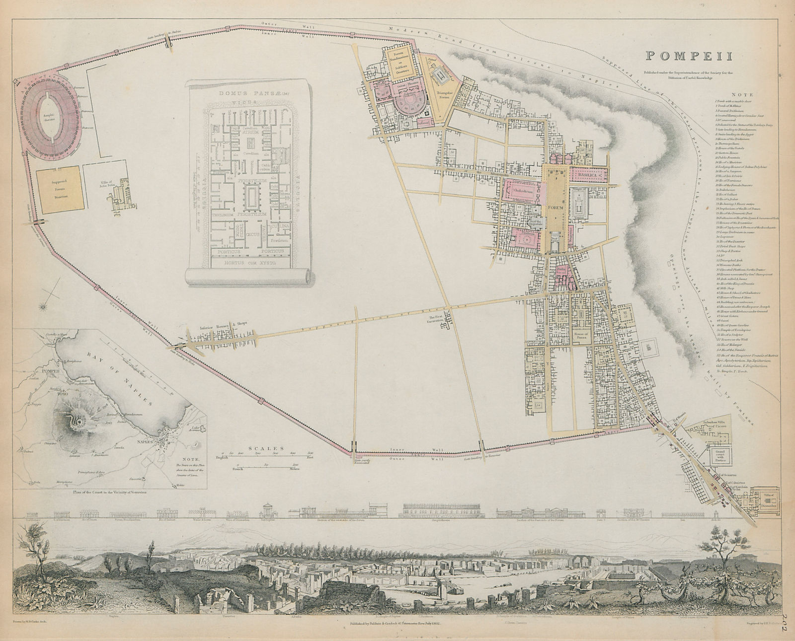 POMPEII Antique city town map panorama Domus Pansae Bay of Naples SDUK 1844