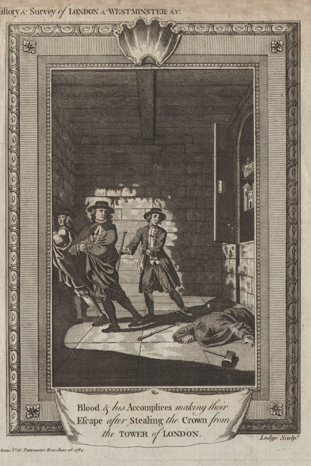 Thomas Blood stealing the Crown from the Tower of London 1671.  1784 old print