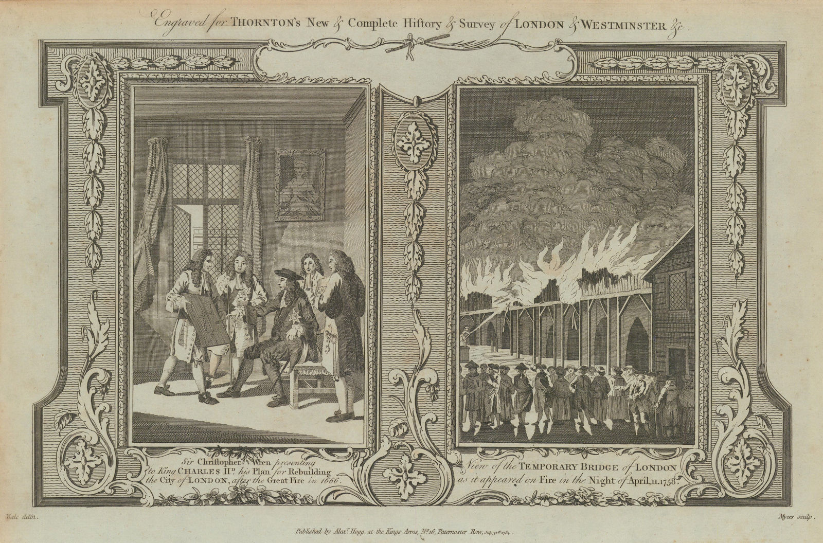 London Bridge burnt by ferry man 1758. Wren's London rebuilding plans 1784
