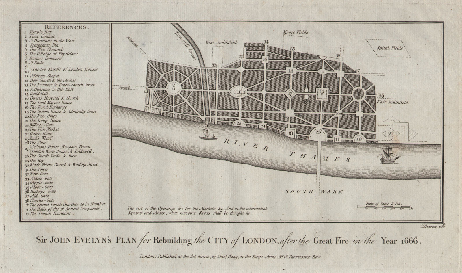 Evelyn's City of London rebuilding plan after the 1666 fire. THORNTON 1784 map