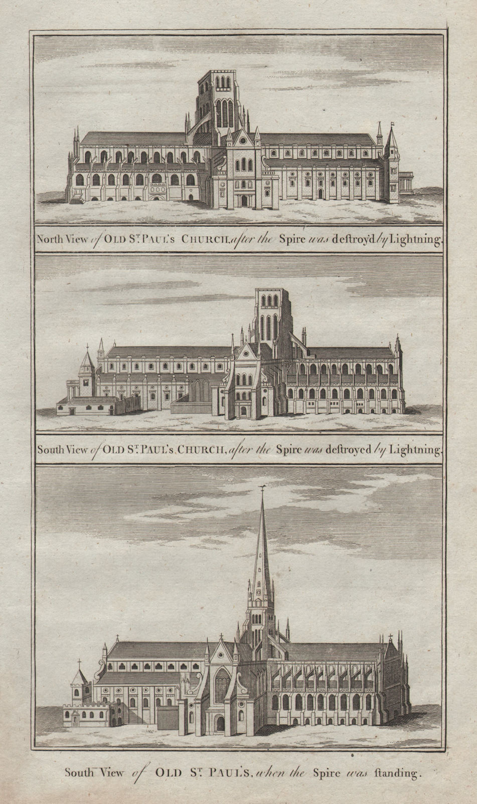 Old St Paul's cathedral. North & South views with & without spire. THORNTON 1784