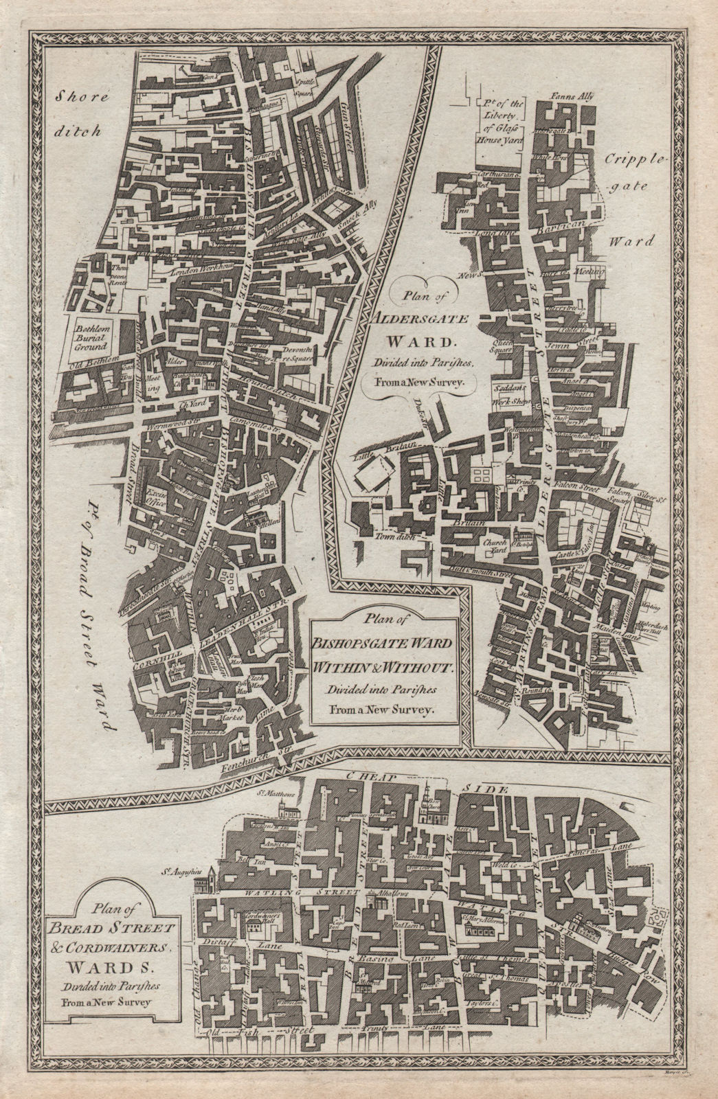Bishopsgate Aldersgate Bread St Cordwainer Wards. City/London. THORNTON 1784 map