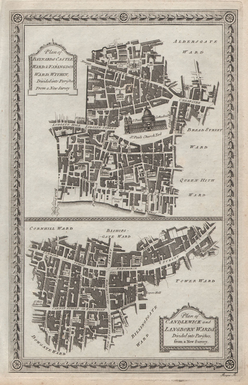 Langbourn Candlewick Farringdon Castle Baynard Wards. London. THORNTON 1784 map