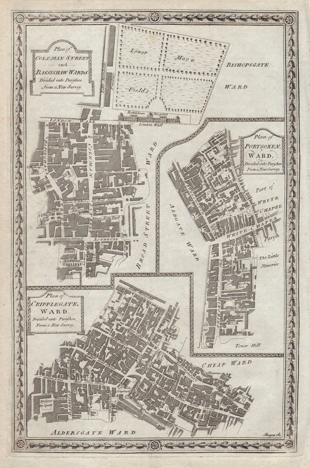 Coleman St Basshishaw Portsoken Cripplegate Wards. City/London THORNTON 1784 map