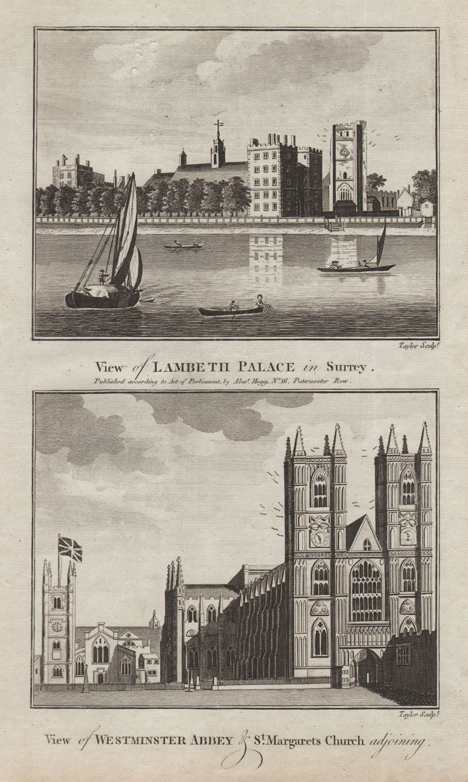 Lambeth Palace. Westminster Abbey & St. Margaret's Church. THORNTON 1784 print