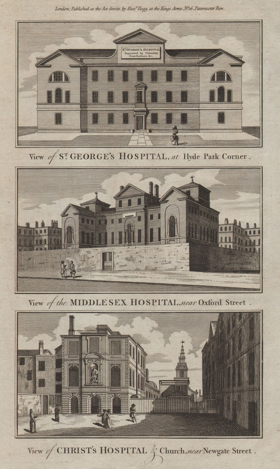 St George's Hospital. Middlesex Hospital. Christ's Hospital. London 1784 print