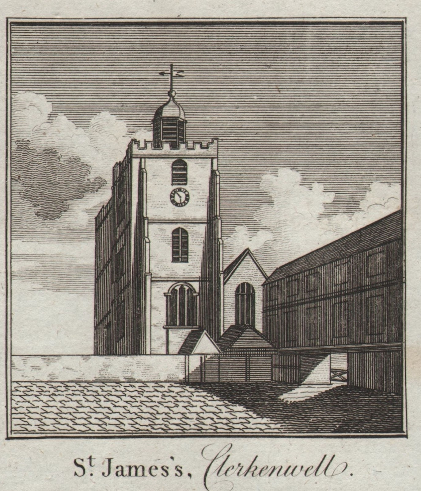 Old church of St. James, Clerkenwell. SMALL. THORNTON 1784 antique print