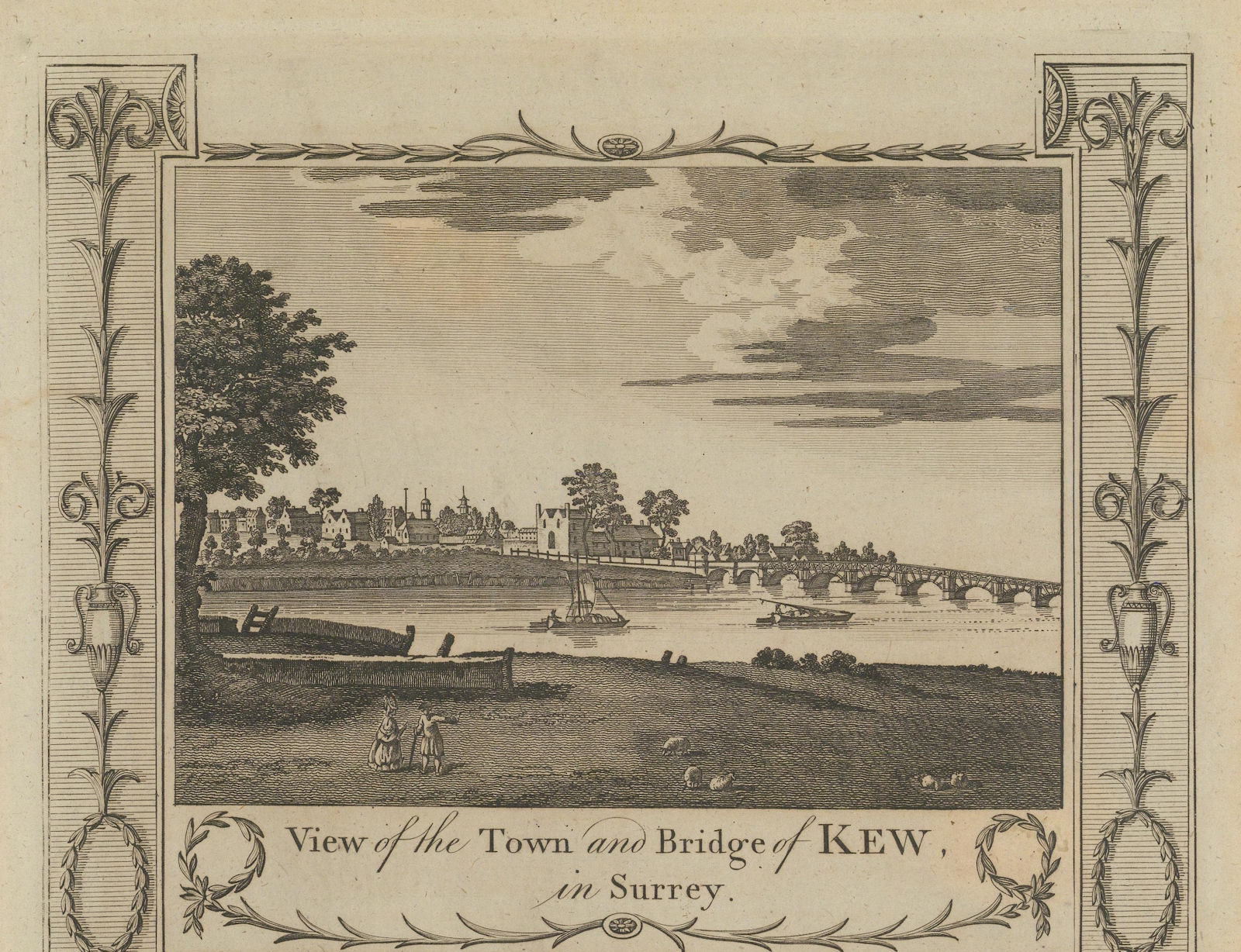 View of the Town and Bridge of Kew, in Surrey. London. THORNTON 1784 old print