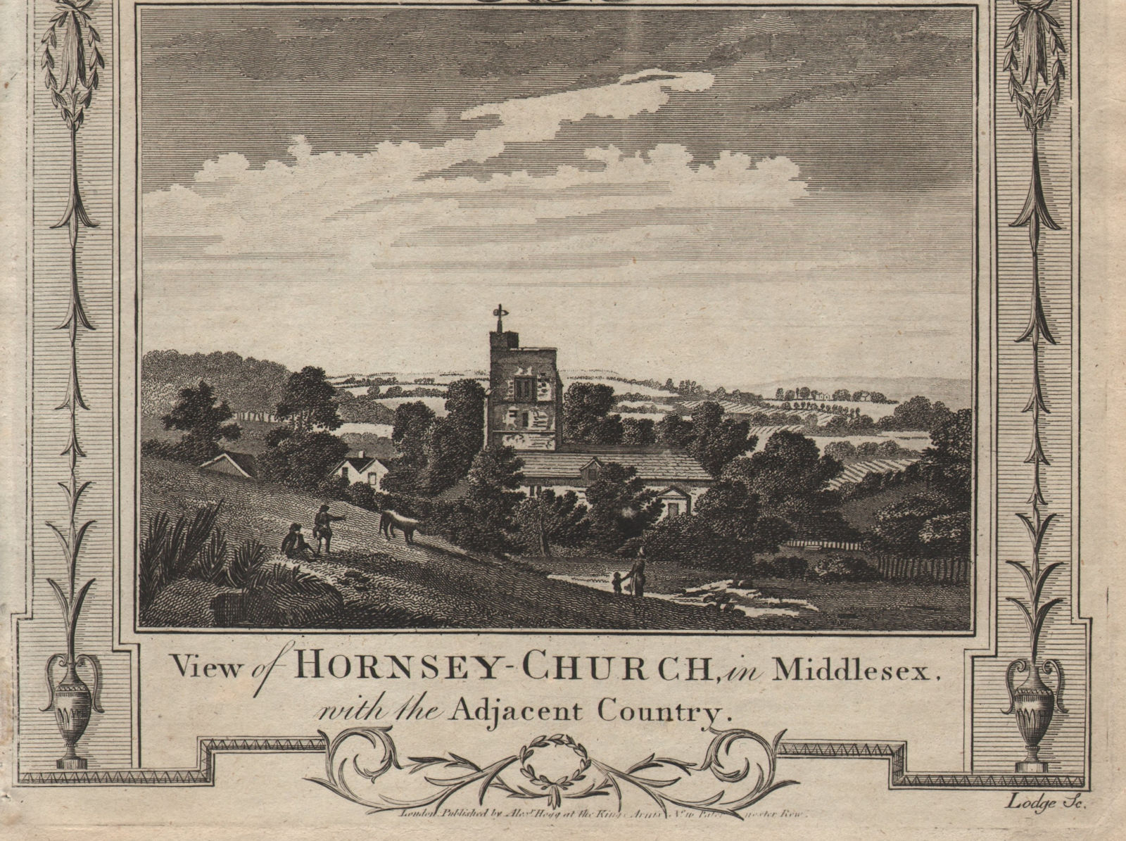 View of St. Mary's church Tower, Hornsey, London. THORNTON 1784 old print