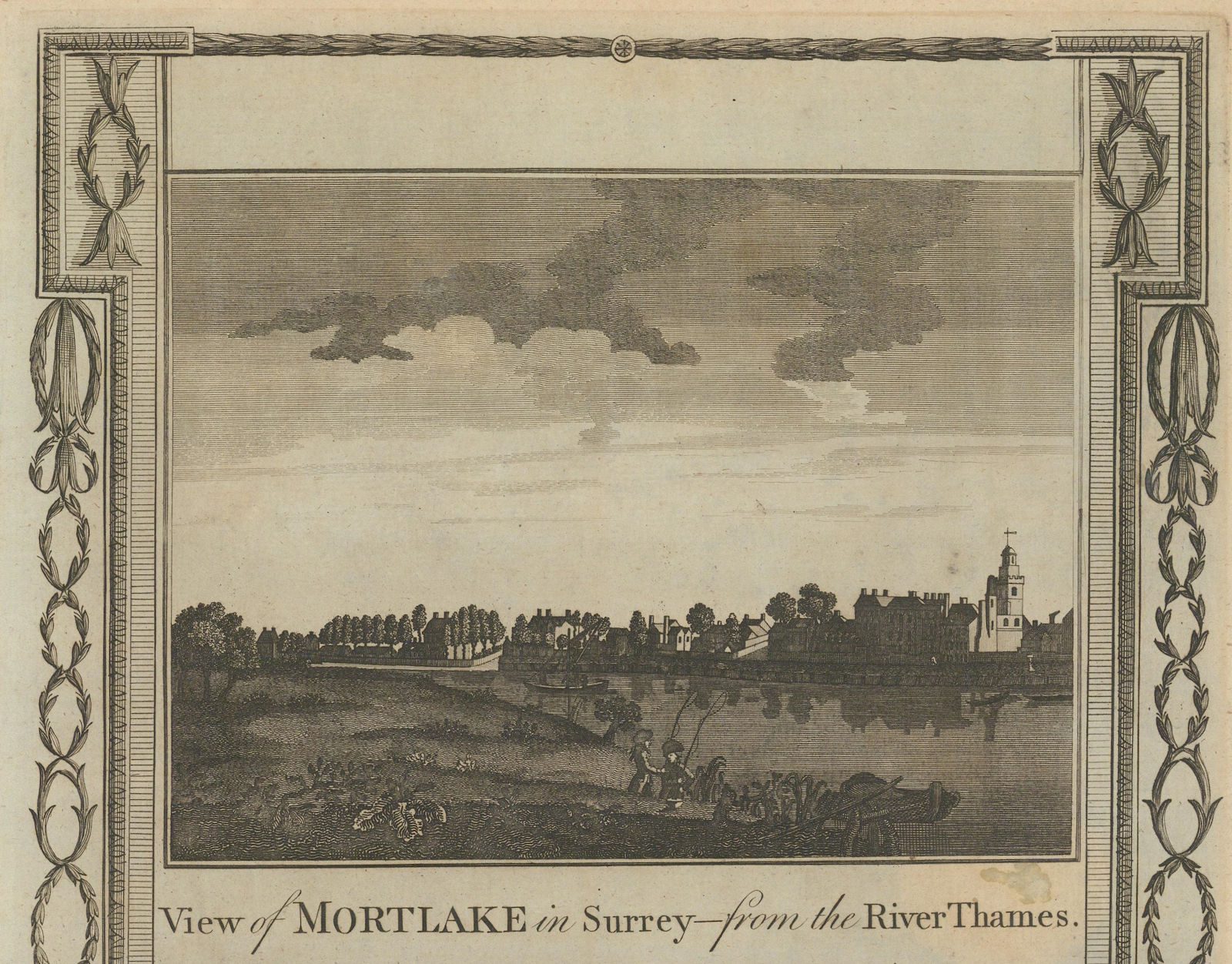 View of Mortlake from Dukes Meadows. St Mary the Virgin church. THORNTON 1784