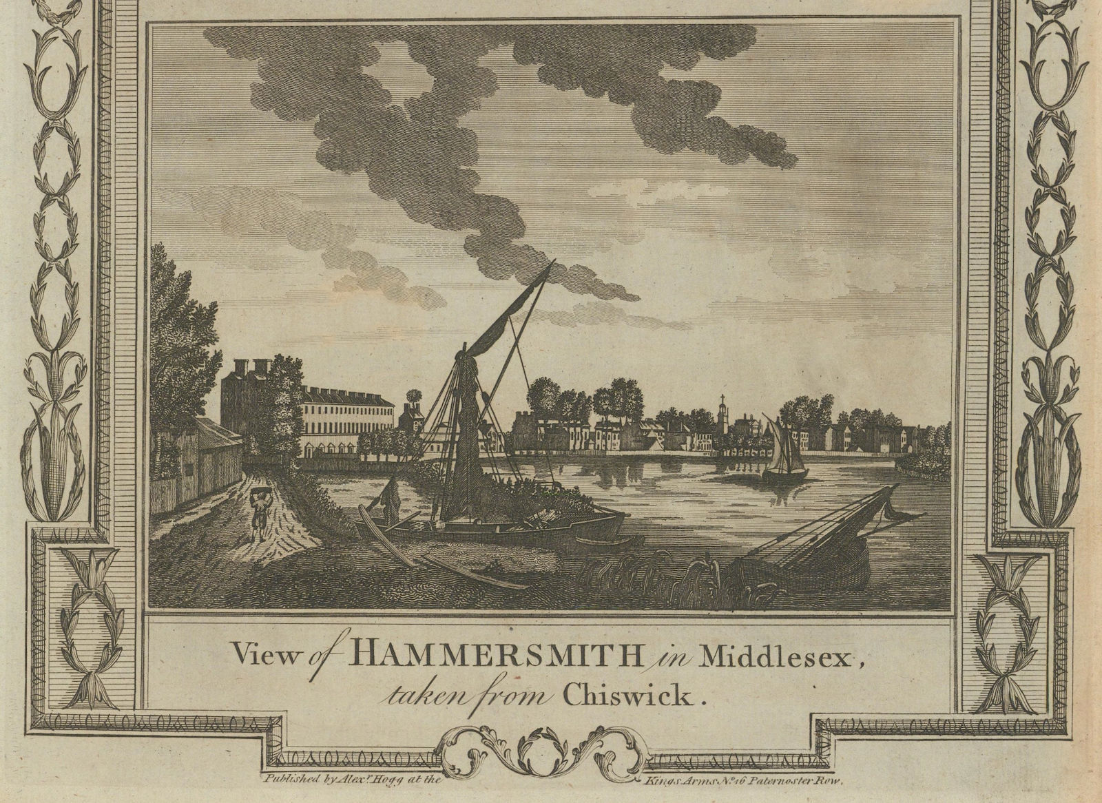 A view of Hammersmith from Chiswick, London. THORNTON 1784 old antique print