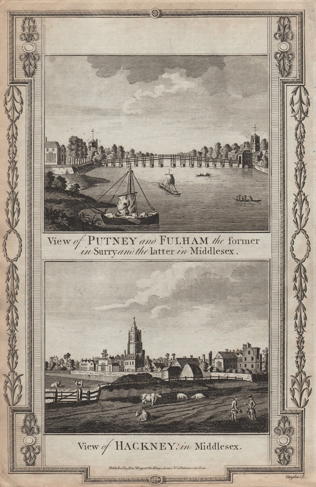 Views of Putney and Fulham, and Hackney. THORNTON 1784 old antique print