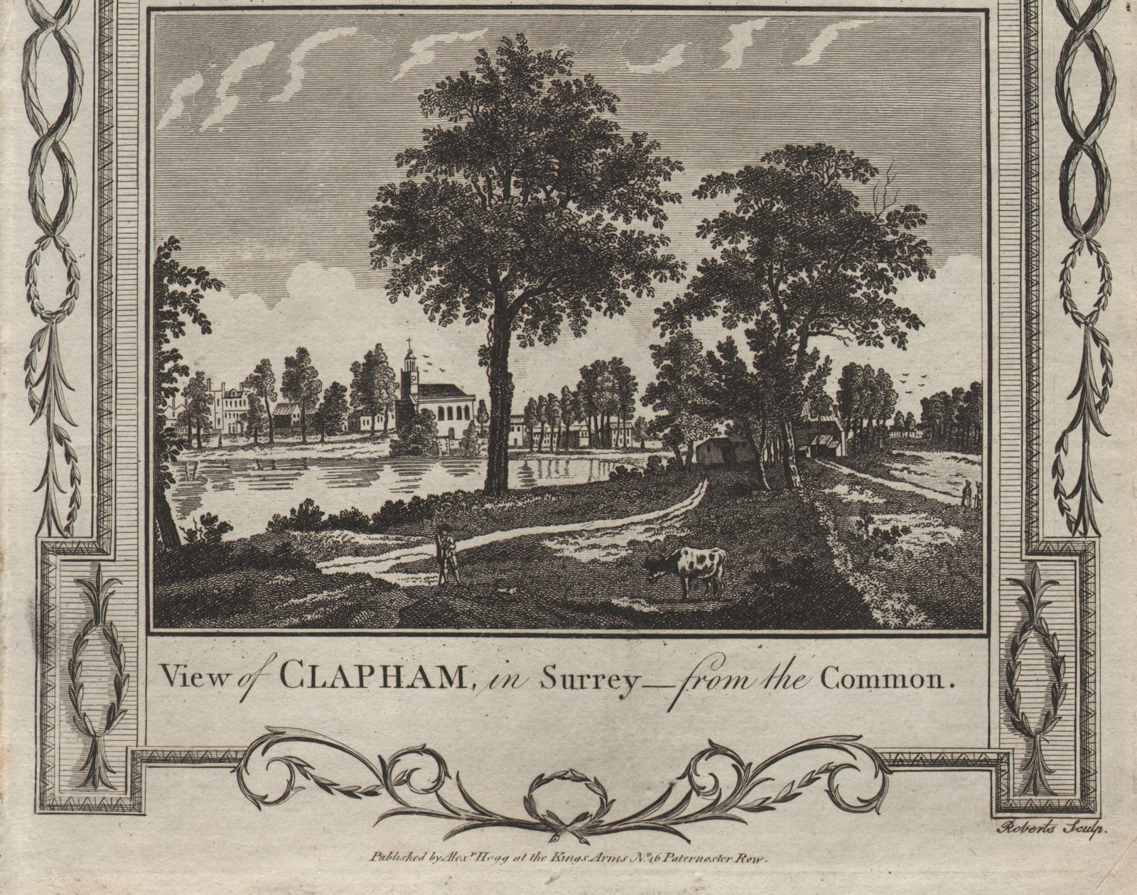 View of Clapham from the Common. Holy Trinity Church. Long Pond. THORNTON 1784