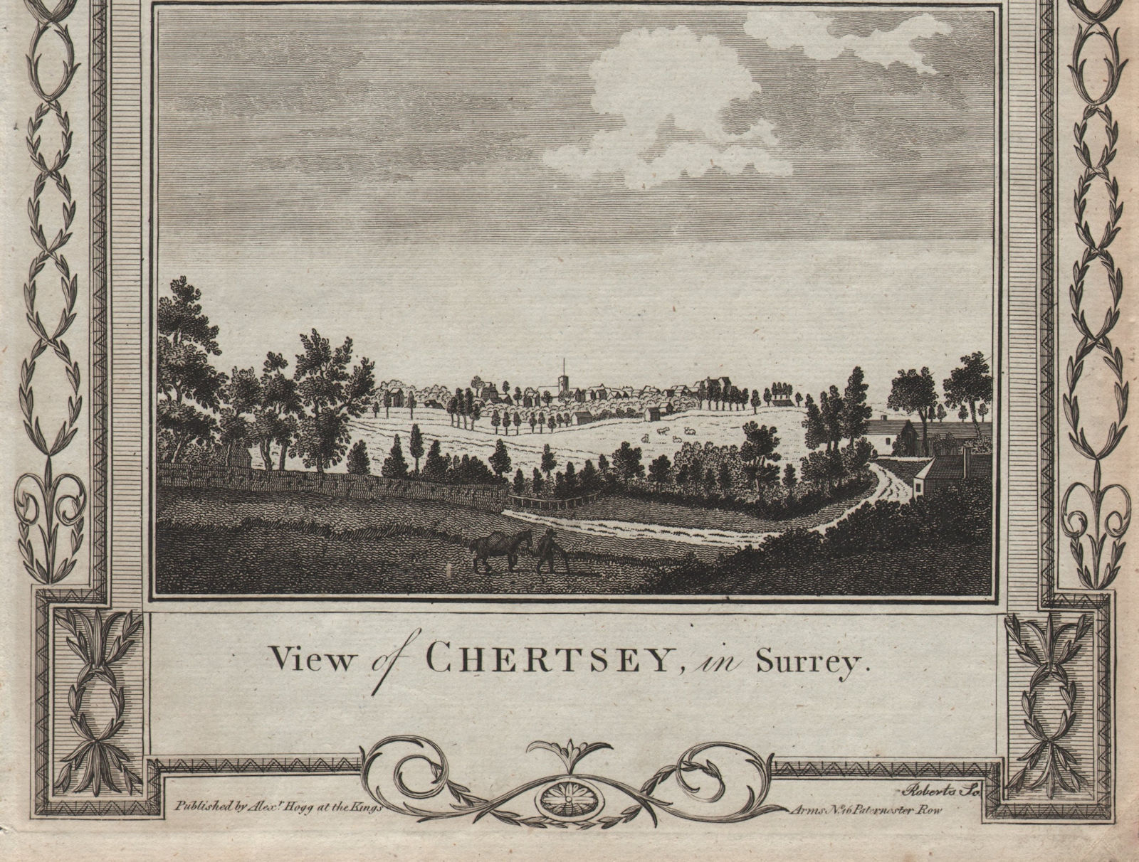 View of Chertsey, Surrey, with St Peter's church. THORNTON 1784 old print