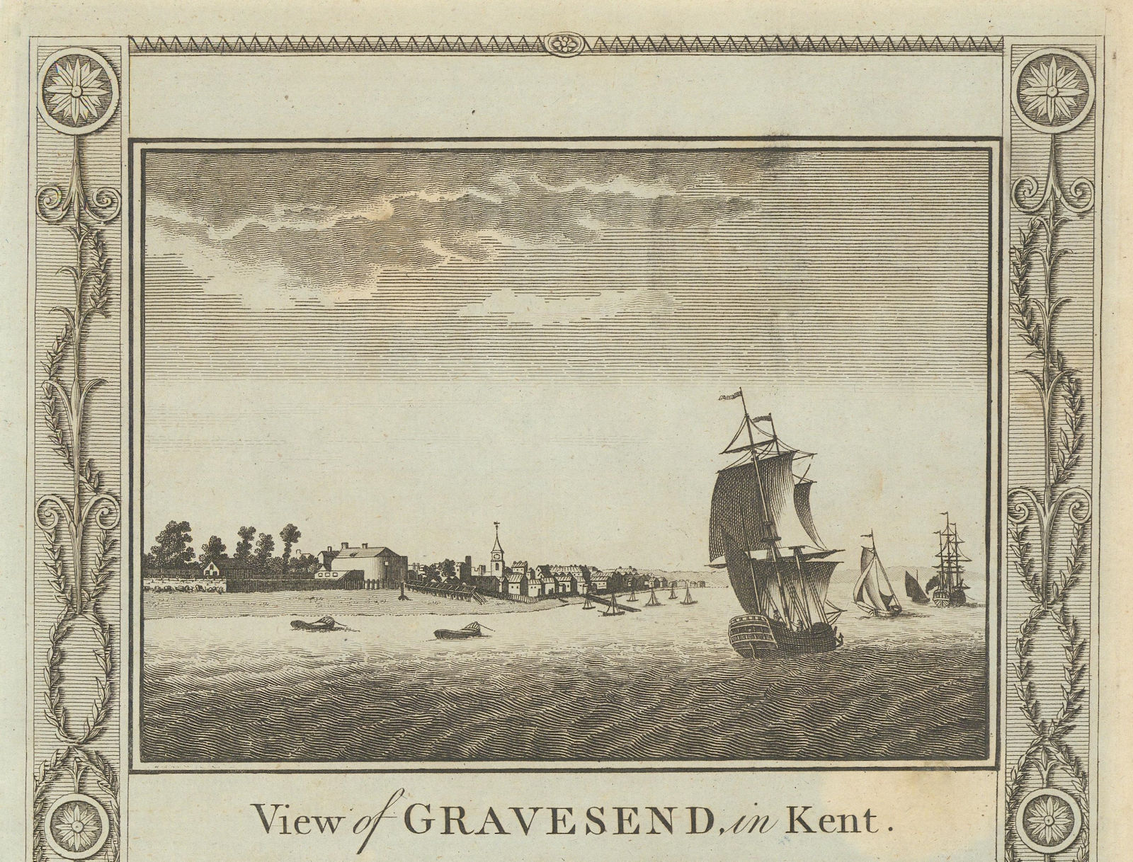 View of Gravesend in Kent. St George's church. Sailing ships. THORNTON 1784