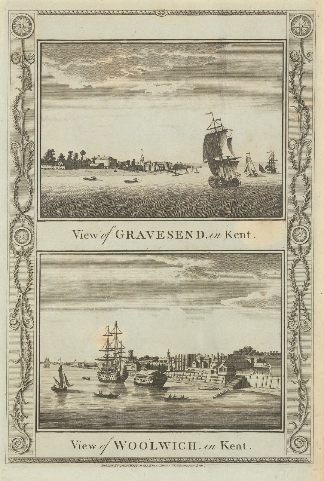 Views of Gravesend & Woolwich Naval Dockyard. THORNTON 1784 old antique print