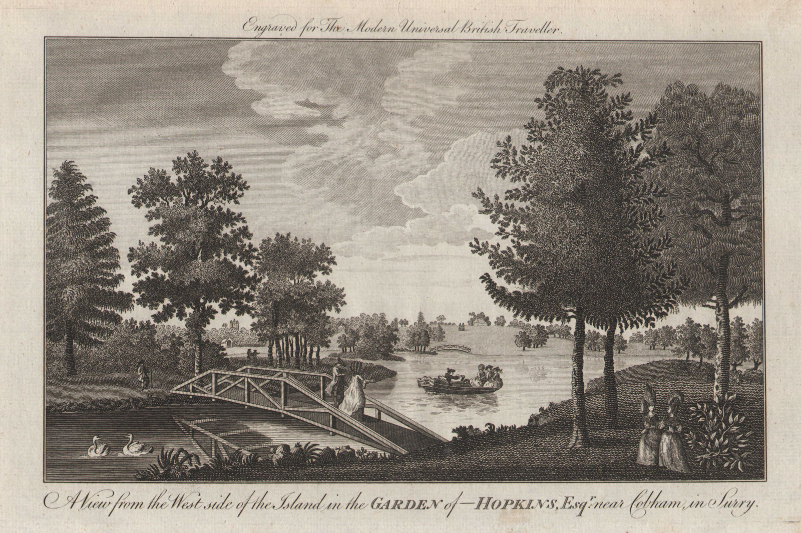 Painshill Park, Cobham, Surrey. Garden/island view. Hopkins. BURLINGTON 1779
