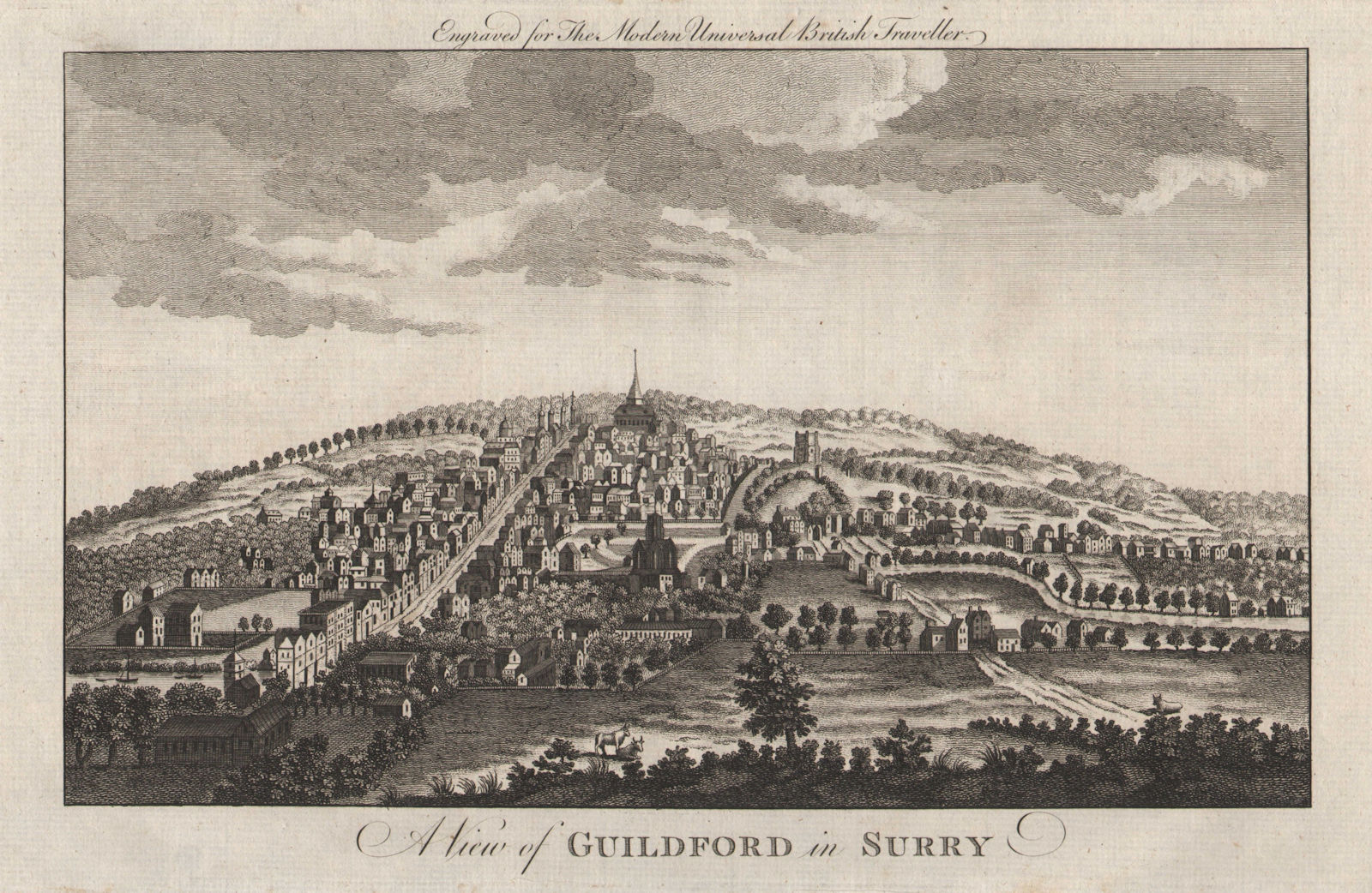 A view of the town of Guildford in Surrey. BURLINGTON 1779 old antique print