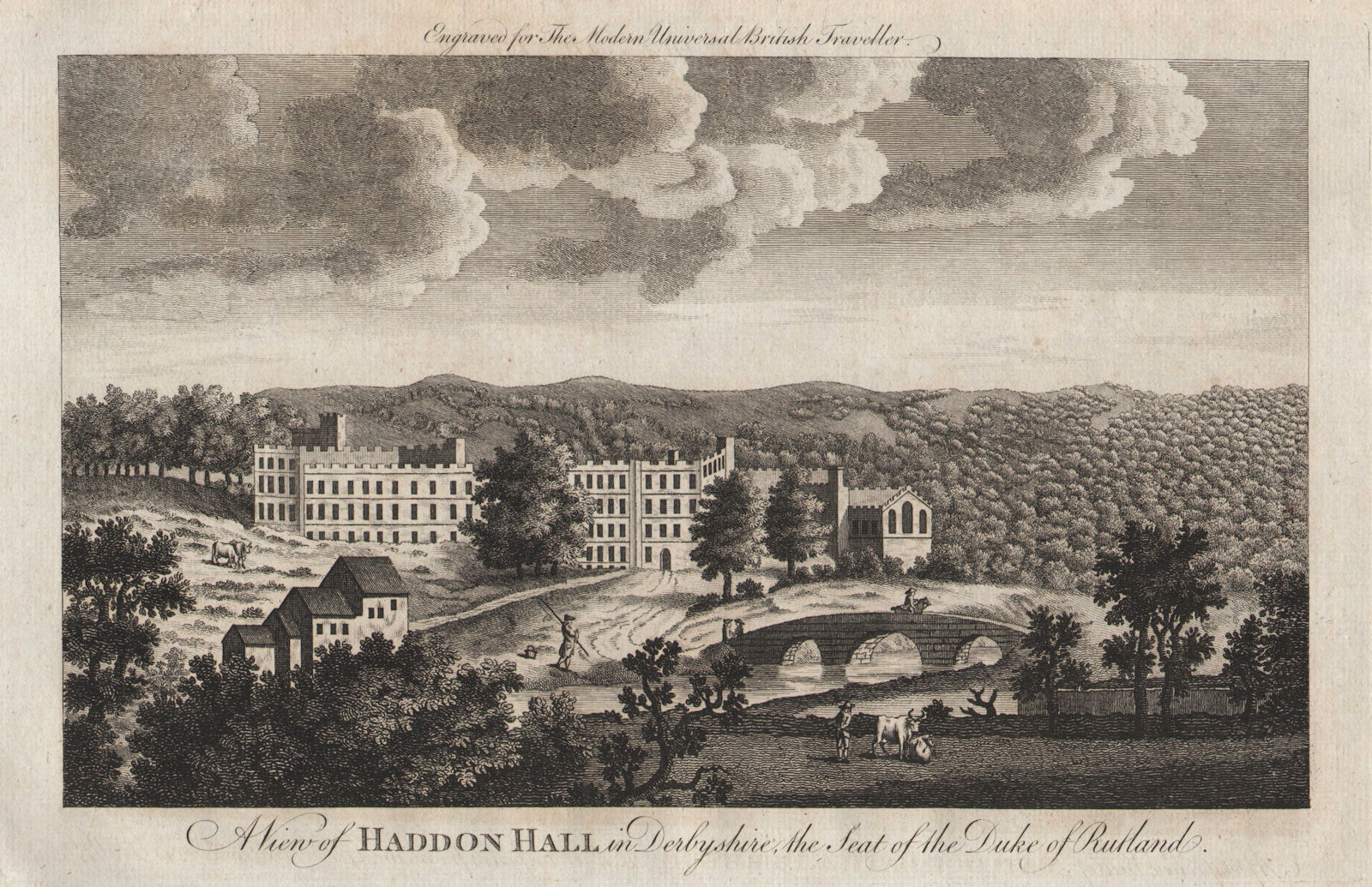 Haddon Hall in Derbyshire, seat of the Duke of Rutland. BURLINGTON 1779 print