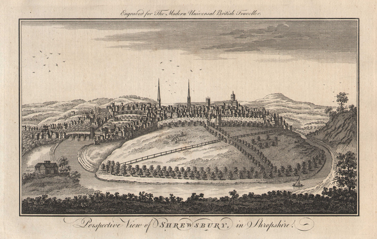 Perspective view of Shrewsbury in Shropshire. BURLINGTON 1779 old print