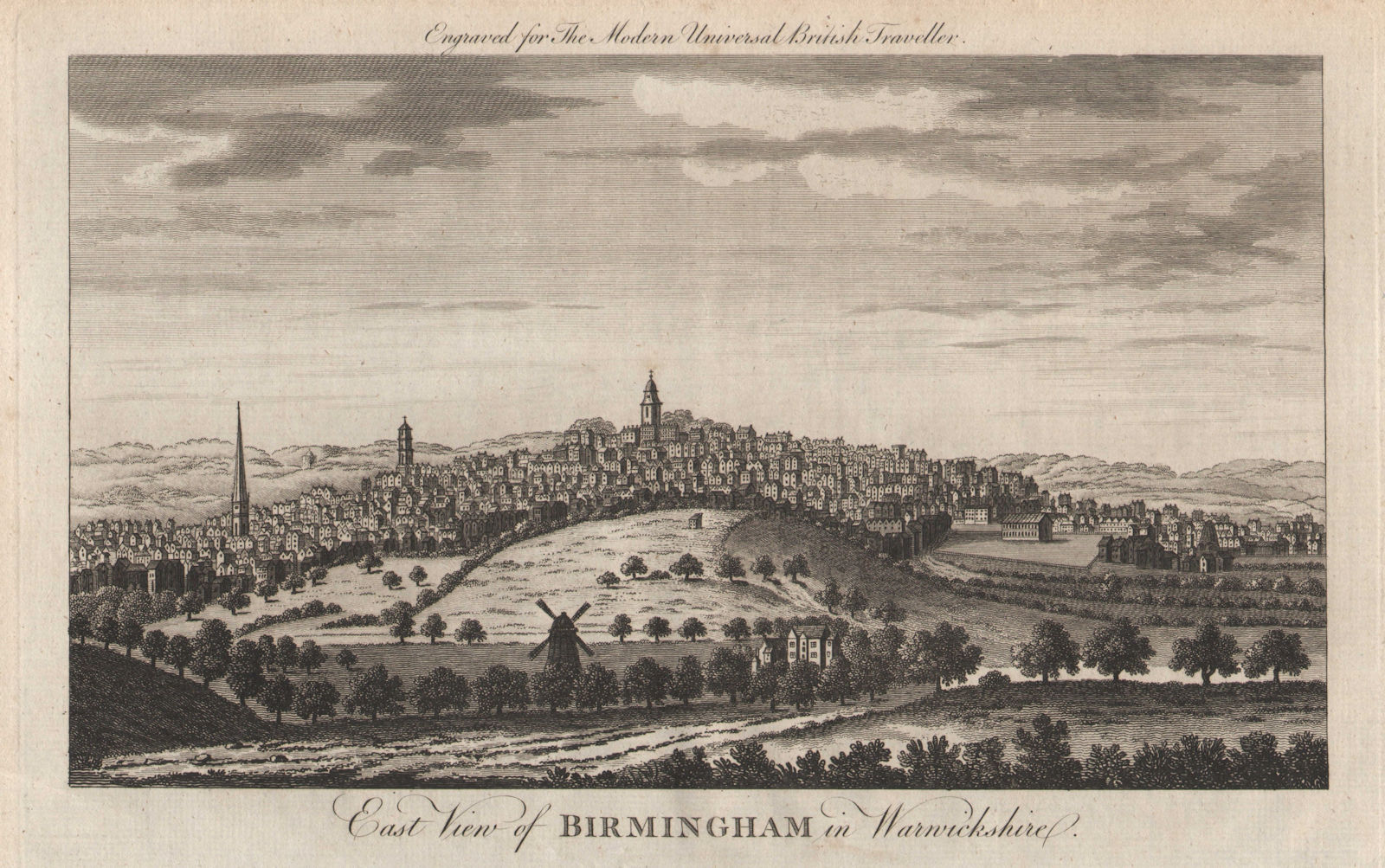 East view of Birmingham in Warwickshire. BURLINGTON 1779 old antique print